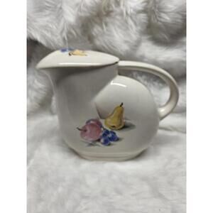 Vintage Knowles Utility Ware White Milk Pitcher with Fruit Pattern and Lid